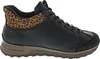 A side view of a black women's bootie with leopard print accents. Náhľad obrázku produktu
