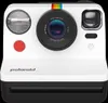 A front-on studio shot of a white Polaroid instant camera with a black base. Voir les images du produit