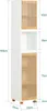 A diagram showing the dimensions of a tall, narrow cabinet with wooden slatted doors and a white body. Voir les images du produit