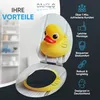 A toilet seat with a rubber duck design is shown open, with marketing text and icons on the right side. Náhled obrázku produktu