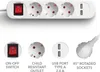 A product image showing a power strip with multiple outlets and USB ports, along with close-up views of its features. Produktbild-Vorschau