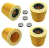 A collage of four yellow cartridge filters and four small gray cap-like objects, likely spare parts or accessories, arranged against a white background. Produktbild-Vorschau