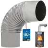 A silver metal stovepipe elbow and a small wood-burning stove are shown against a white background. Anteprima dell’immagine prodotto