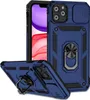 A blue iPhone 11 Pro case with a sliding camera cover and a ring holder stand is shown from multiple angles. Produktbild-Vorschau