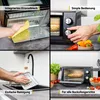 A collage of four images showcasing a mini oven and its features, including cleaning, operation, and cooking. Voir les images du produit
