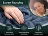 A hand touching a soft blue blanket, with a woman sleeping peacefully in the background, and feature icons at the bottom. Produktbild-Vorschau