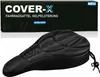A black gel-padded bicycle seat cover is displayed in front of its packaging box. Produktbild-Vorschau