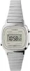 A digital watch with a silver metal band and a white face. Produktbild-Vorschau