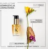 A bottle of Kérastase Elixir Ultime hair oil is displayed alongside floral and wood elements, with text describing the fragrance notes. Podgląd zdjęcia produktu
