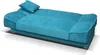 A teal sofa bed with a single pillow rests on a white background. Produktbild-Vorschau