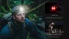 A man wearing a headlamp in a forest, with inset images showing the headlamp's red light and a person using it at night. Podgląd zdjęcia produktu
