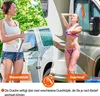 A split image showing two women using a portable shower, one washing a car and the other showering. Náhled obrázku produktu