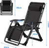 A black foldable lounge chair with dimensions indicated by text and arrows. Produktbild-Vorschau