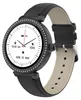 A black smartwatch with a white face and a black leather strap is shown against a white background. Podgląd zdjęcia produktu