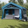 A large blue and gray family tent set up on a grassy lawn with trees in the background. Anteprima dell’immagine prodotto