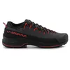 A side view of a black and gray hiking shoe with red laces and red accents on the sole and logo. Produktbild-Vorschau