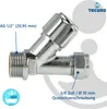 A chrome-plated plumbing fitting, a Y-shaped connector, with labels indicating its dimensions and brand. Produktbild-Vorschau