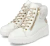 A pair of white high-top sneakers with beige laces and gold zippers. Produktbild-Vorschau