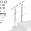 A stainless steel stair handrail with two support posts and two horizontal bars, shown with its mounting hardware laid out to the left. Náhled obrázku produktu