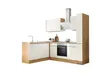 A modern, corner kitchen unit with white cabinets and wood accents. Produktbild-Vorschau