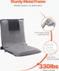 A gray floor chair with text and diagrams highlighting its features. Produktbild-Vorschau