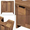 A collage of four close-up images showing different angles and details of a wooden washbasin cabinet. Produktbild-Vorschau