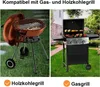 A split image showing two different types of grills: a charcoal grill on the left and a gas grill on the right. Text labels identify each type of grill. Produktbild-Vorschau