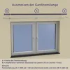 An illustration showing how to measure for a curtain rod, with a diagram and text explaining the measurements. Produktbild-Vorschau