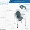 Diagram and product image of a commode chair with dimensions and features highlighted. Produktbild-Vorschau