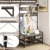 A coat rack and shoe bench combination in a hallway setting, with close-up insets highlighting structural features. Náhled obrázku produktu