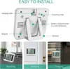 A collage showing the back of a digital thermometer with labels pointing to its features, and three examples of the thermometer in use: standing on a counter, hanging on a door, and magnetically attached to an oven. Produktbild-Vorschau