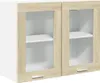 A white cabinet with two glass doors and wood-effect frames. Produktbild-Vorschau