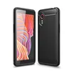 A black phone case is shown next to a smartphone with a colorful wallpaper. Produktbild-Vorschau