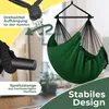 A green hammock chair is shown hanging from a support, with close-ups of its suspension and spreader bar. Produktbild-Vorschau