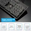 A close-up view of a vintage-style mechanical keyboard with descriptive text and feature callouts below. Produktbild-Vorschau