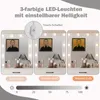 A split image showing a vanity mirror with LED lights, demonstrating different light color temperatures and brightness levels. Voir les images du produit