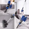 Collage showing a blue cordless vacuum cleaner being used in different settings: on a couch, reaching a high area, on a floor, and in a car. Produktbild-Vorschau