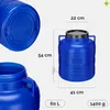 Multiple views of a blue plastic barrel with dimensions and capacity indicated. Produktbild-Vorschau