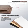 Image shows stacked desk tops of different thicknesses and a stack of desktop color samples. Produktbild-Vorschau