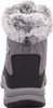 The back view of a grey winter boot with faux fur trim. Voir les images du produit