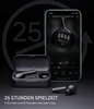 A smartphone displaying a music app is shown next to a pair of black wireless earbuds in their charging case and one earbud outside the case. Produktbild-Vorschau