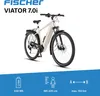 A Fischer Viator 7.0i trekking e-bike is shown against a white background, with feature icons and text below. Produktbild-Vorschau