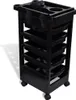 A black plastic salon trolley with multiple drawers and compartments on top, shown against a white background. Produktbild-Vorschau