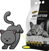 A cartoon cat is shown stretching next to a bag of cat litter. The bag features a cat's face and product information. Produktbild-Vorschau