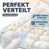 A close-up view of a white comforter, highlighting its internal structure and filling with illustrative arrows indicating warmth distribution. Text overlays describe product features. Produktbild-Vorschau