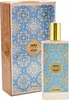 A perfume bottle and its box, both decorated with a blue and gold intricate pattern. Voir les images du produit