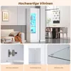 A collage of images showing a modern white LED display cabinet with blue lighting, a living room setting, and close-ups of its features. Produktbild-Vorschau