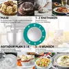 A collage of images showing food preparation and finished dishes, with a focus on a kitchen mixer and its settings. Produktbild-Vorschau