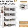 A white modular shoe rack with multiple compartments, some open and some closed, filled with shoes. Dimensions and size suitability information are displayed. Voir les images du produit