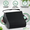 A black lumbar support cushion is shown with several marketing icons and text overlays highlighting its features. Produktbild-Vorschau